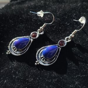 NEW Blue Bead & Orange Gem Silver Earrings